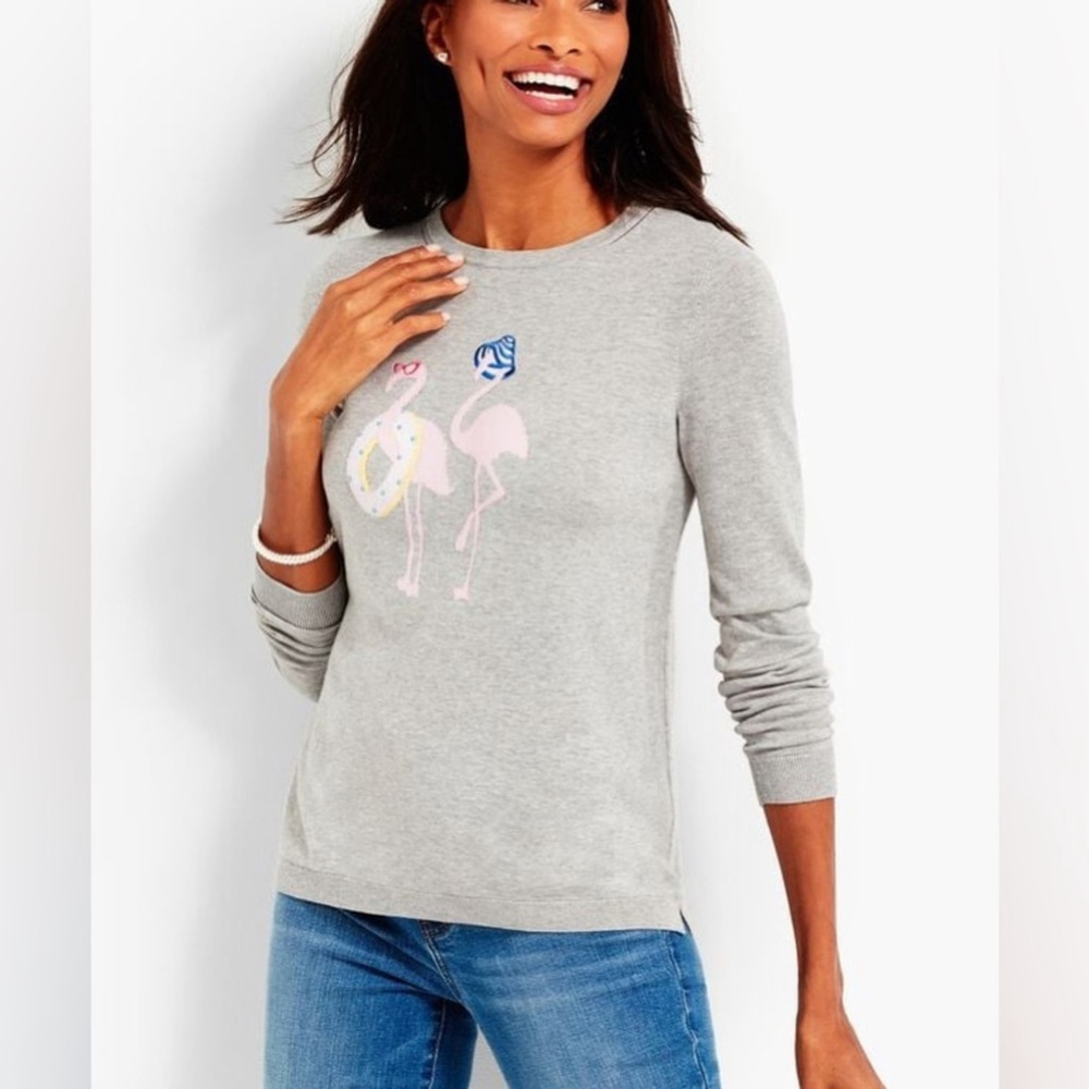Talbots Flamingo Resort Gray Cotton Stretch Summer Spring Sweater Crewneck M